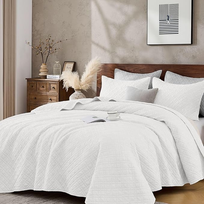 King Quilt Set with Shams Lightweight Quilted Bedspread Coverlet Thin Comforter Bed Cover Vintage Washed Quilted Blanket for All Season, Brushed Microfiber Diamond Stitching, White, 104"x92"