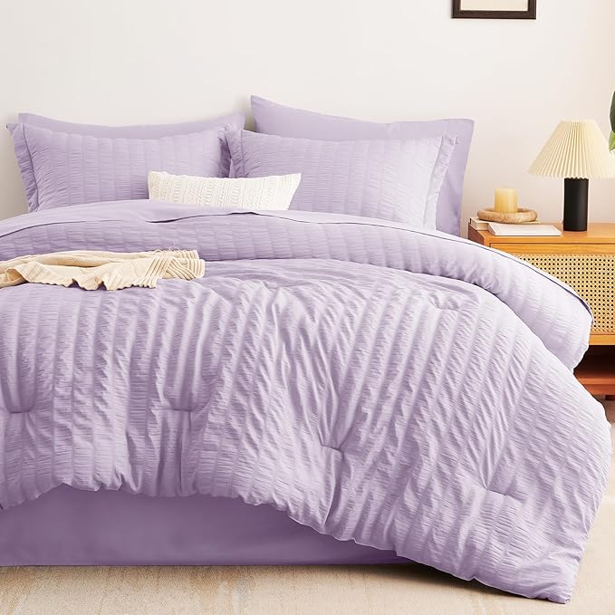 CozyLux Full Seersucker Comforter Set with Sheets Light Purple Bed in a Bag 7-Pieces All Season Lavender Bedding Sets with Comforter, Pillow Sham, Flat Sheet, Fitted Sheet, Pillowcase