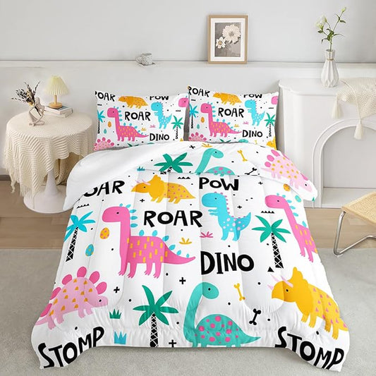 Axolotl Girls Bedding Cartoon Dinosaur Comforter Set Twin Size,Cute Dinosaur Bedding Set for Girls Teens Kids Boys Adults Room Decor,Kids Comforter Set All Season,1 Quilt 2 Pillow Cases,White