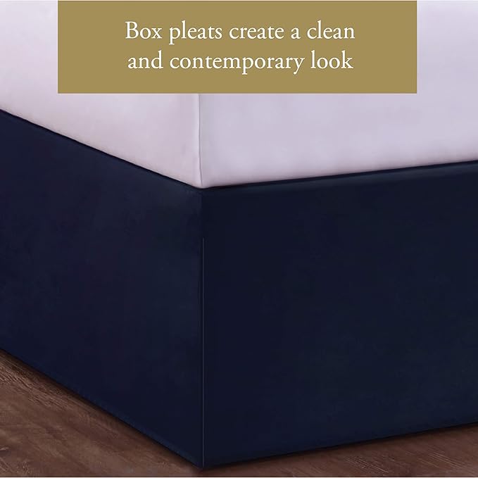 Luxury Hotel Tailored Bed Skirt, Box Pleats, 14 Inch Drop, Queen, Navy