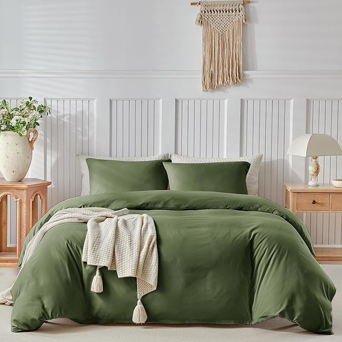 Lekesky Queen Size Duvet Cover Set, Olive Green Duvet Cover, Ultra-Soft Microfiber 3 Pieces Comforter Cover with Zipper and Corner Ties, Includes 2 Pillowcases 20"x26"