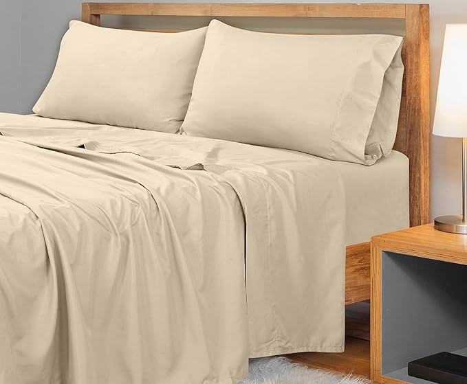 Royale Linens 300 Thread Count 100% Long Staple Combed Cotton Flat Sheet - Super Soft - Top Sheets - Full Flat Sheet Sold Separately - Breathable, Cool & Crisp Percale Sheets Only (Twin XL, Cream)