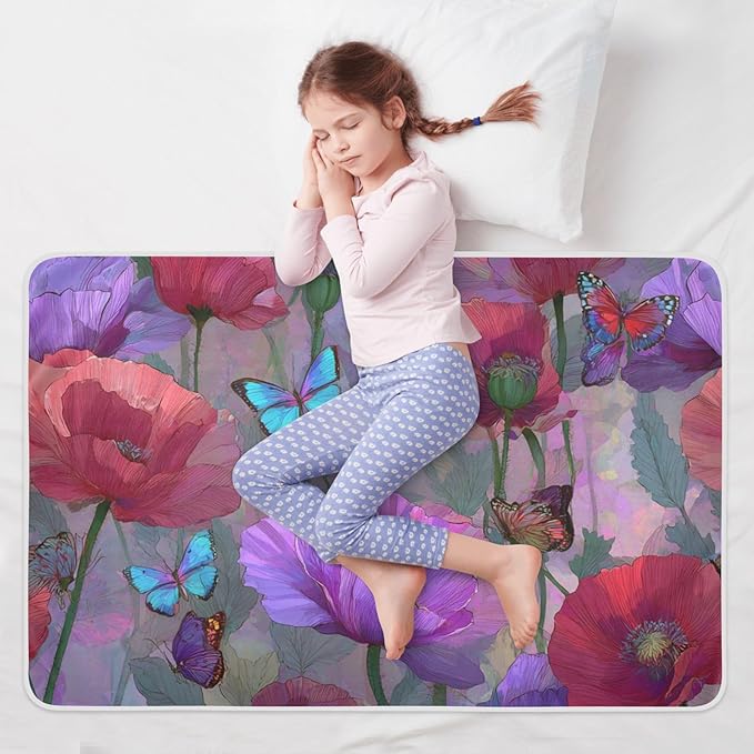 Waterproof Bed Pad Reusable Changing Pad Toddler Mattress Protector Large Pee Pad Baby Diaper Pad Soft Washable Liner Purple Red Poppy Butterfly