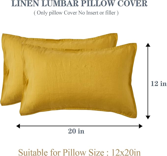 Simple&Opulence 100% Linen Lumbar Pillow Cover 12 x 20 Inches Set of 2 Rectangular Decorative Throw Cushion Cover for Couch Sofa Bed Living Room Office Soft Breathable Farmhouse - Mustard Yellow