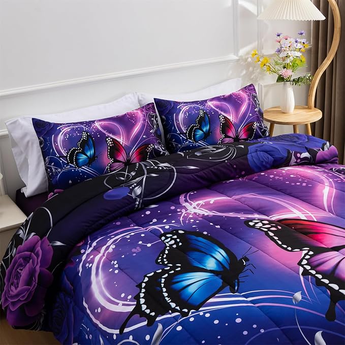A Nice Night Galaxy 6pcs Bed in A Bag Purple and Blue Dreamy 3D Butterfly Printed, Butterflies Bedding Queen Comforter Set, for Girls Kids Teens