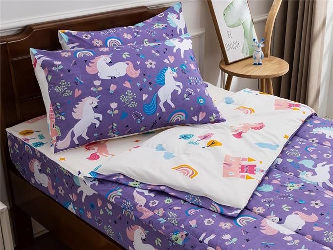 NTBED Unicorn Printed Zipper Bedding Sets Full Lightweight Microfiber Floral Comforter Sets with Fitted Sheet Pillow Covers,Purple