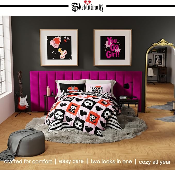 Skelanimals Bedding 5 Piece Twin Bed Set, Soft Checkered Comforter and Sheet Set with Sham, Kit The Cat, (Officially Licensed Product) by Franco Collectibles