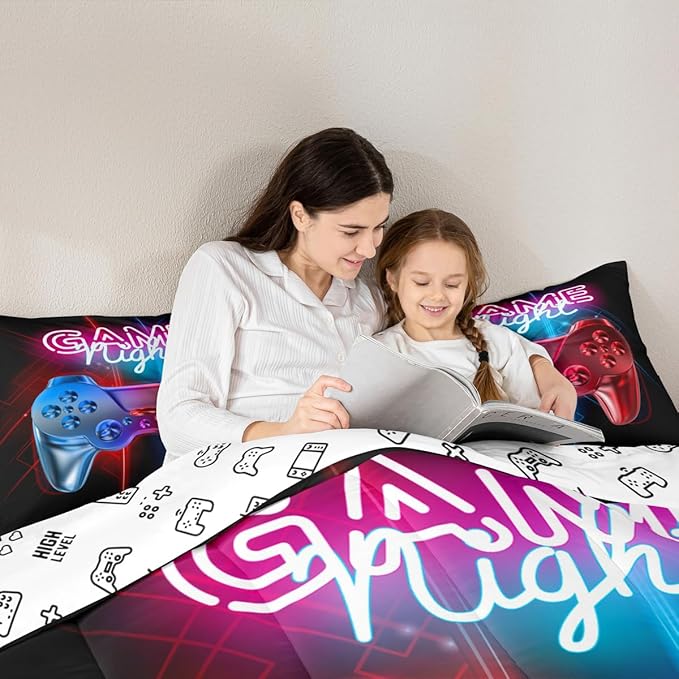 Boys Gaming Comforter Set Twin Size Teens Gamer Bedding Set Modern Blue Red Video Game Controller Comforter For Kids Children Youth Bedroom Decor Multi-Color Gamer Console Action Buttons Duvet Set