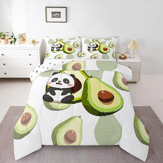 Erosebridal Panda Comforter Set Full,Avocado Bedding Set Cute Black White Panda Bedding Bear Cat Bedding Comforter for Kids Boys Girls Green Tropical Fruit Quilt Duvet Set Room Decor 2 Pillow Cases