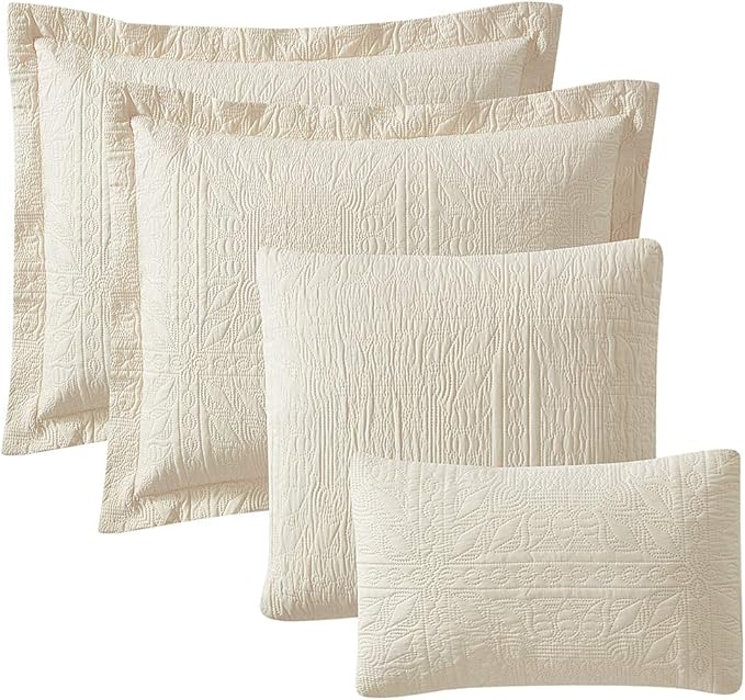 Hearth & Harbor Quilts Queen Size - All Season Bedspread Coverlet Set, Pinsonic Weave Lightweight Bedding Set - 7 Piece Queen Quilt Set with Pillow Shams, Grid - Cream