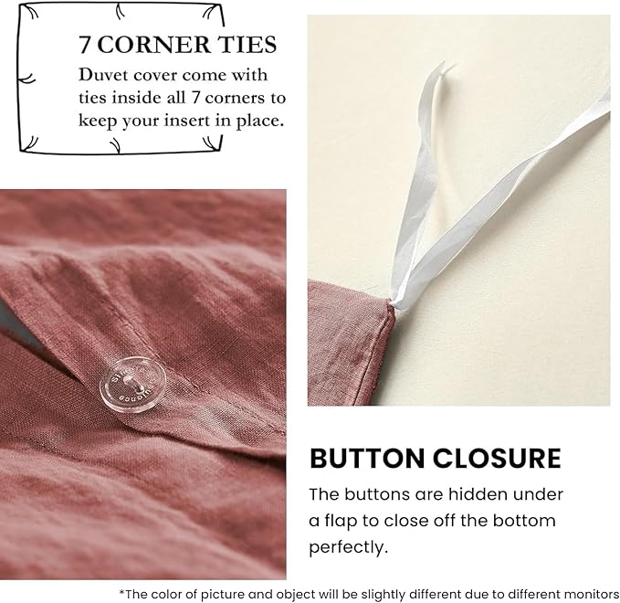 Simple&Opulence 100% Linen Duvet Cover Set with Embroidery Washed - 3 Pieces (1 Duvet Cover with 2 Pillow Shams) with Button Closure Soft Breathable Farmhouse - Coral Red, Queen Size