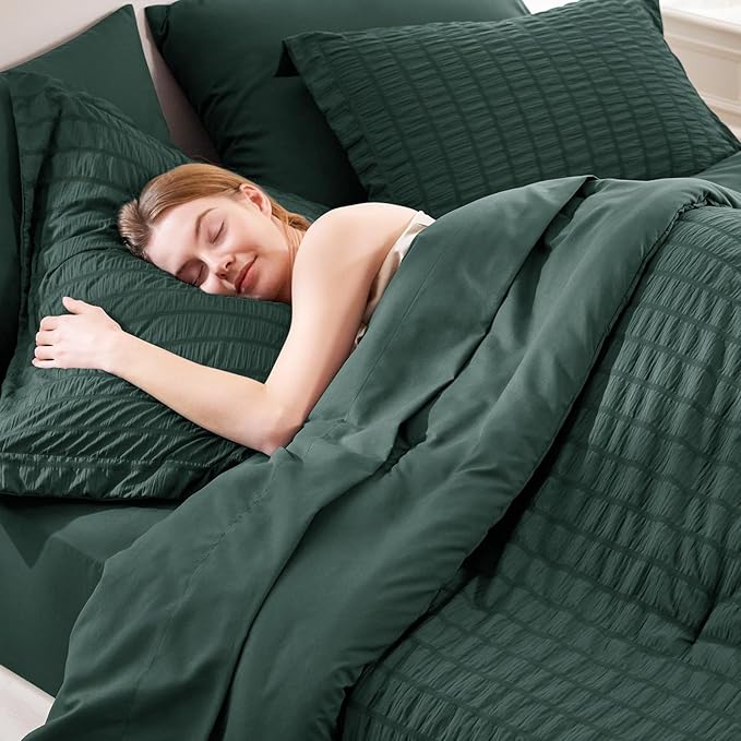 CozyLux Oversized Queen Comforter Set Forest Green Seersucker 7 Pieces 98x98 Bed in a Bag Comforter Set with Sheets, Luxury Bedding Sets with Down Alternative Comforter, Sheets, Pillowcases & Shams