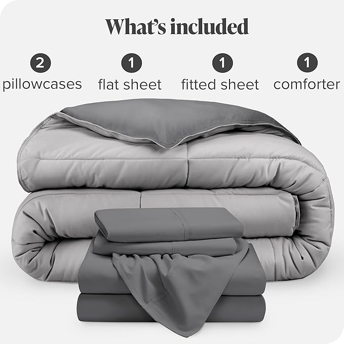 Bare Home Reversible Bed-in-A-Bag Comforter & Sheet Set - Full Extra Long - Down Alternative - Soft - Bedding Set (Full XL, Light Grey, Grey)