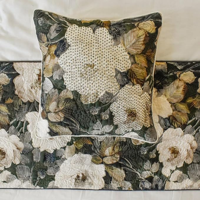 The HomeCentric King/Queen/Twin Gray & Brown Designer Full 68"x18" Bed Runner with Pillow Cover, Rose, Floral & Bead Embroidery Bed Scarf on Cotton Fabric - Rada