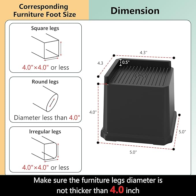 Bed Risers 4 Inch 8 Pack, Oversized L Shape Furniture Bed Lifts Risers 4 in Heavy Duty Wide Opening Elevators fits to Couch, Sofa, Bed Frame, Black
