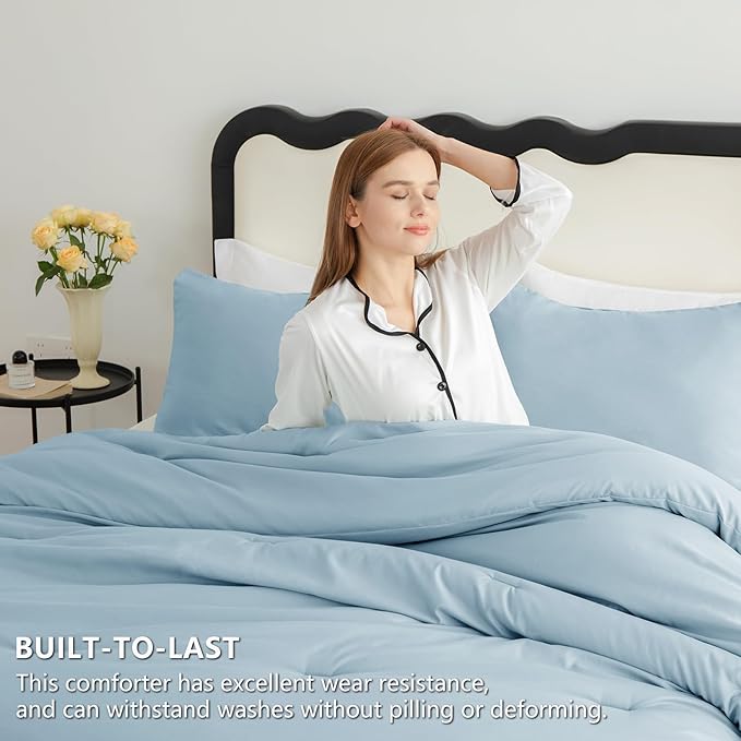 CozyLux King Size Comforter Set Light Blue, 3 Pieces Solid Comforters King Size Breathable Quilted Bedding Sets, Luxury Soft Bed Set with Down Alternative Comforter (1 Comforter & 2 Pillowcases)