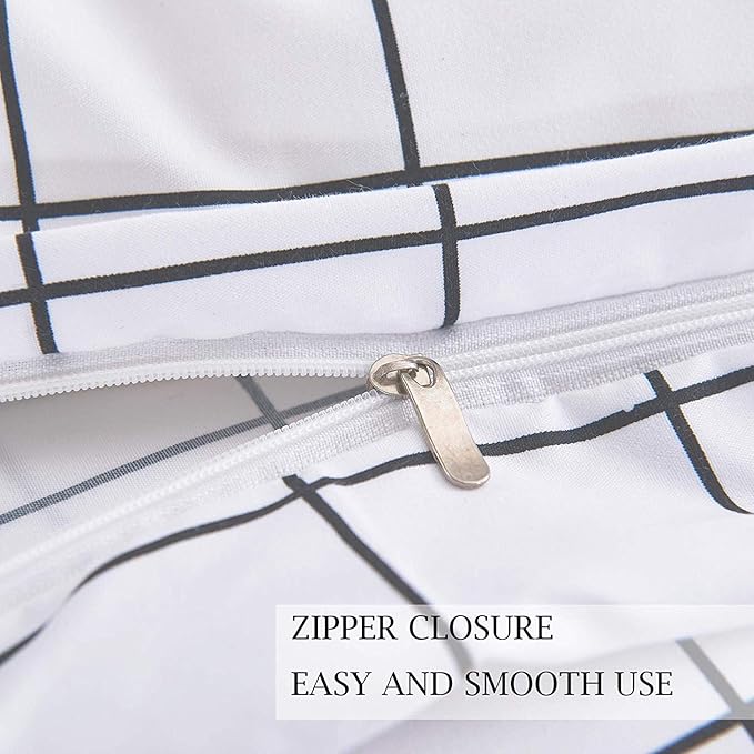 Twin Size Duvet Cover Set, White Plaid Microfiber Down Quilt Bedding Cover with Zip Ties, Farmhouse for Women Men Boys Girls Teen , 2 Piece - 68x90 inch XL Extra Long, College Dorm Grid Bed Sets