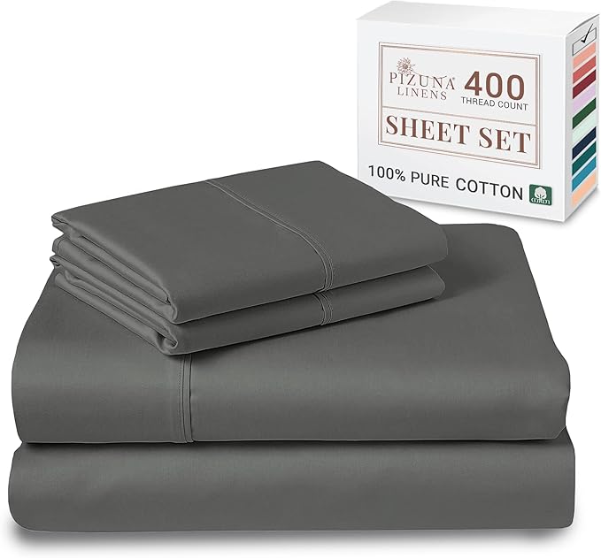 Pizuna Pure 100% Cotton Sheets King Size, Luxurious 400 Thread Count Long Staple Cotton Sateen Sheets with 15" Deep Pocket in Dark Grey