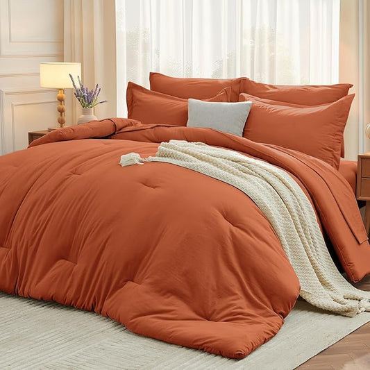 MUXHOMO 7 Pieces California King Comforter Set, Soft Bed in a Bag Cal King Size, All Season Bedding Set with Comforter, Flat Sheet, Fitted Sheet, Pillowcases & Shams, Burnt Orange