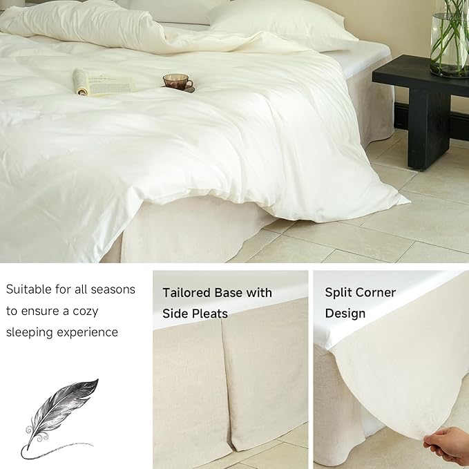 Simple&Opulence French Linen Bed Skirt with Classic 14 inch Drop Dust Ruffle, Tailored Draped Premium Natural Flax Cotton Blend Basic Dust Easy Fit Breathable Farmhouse Bedding (Queen, Basic Linen)
