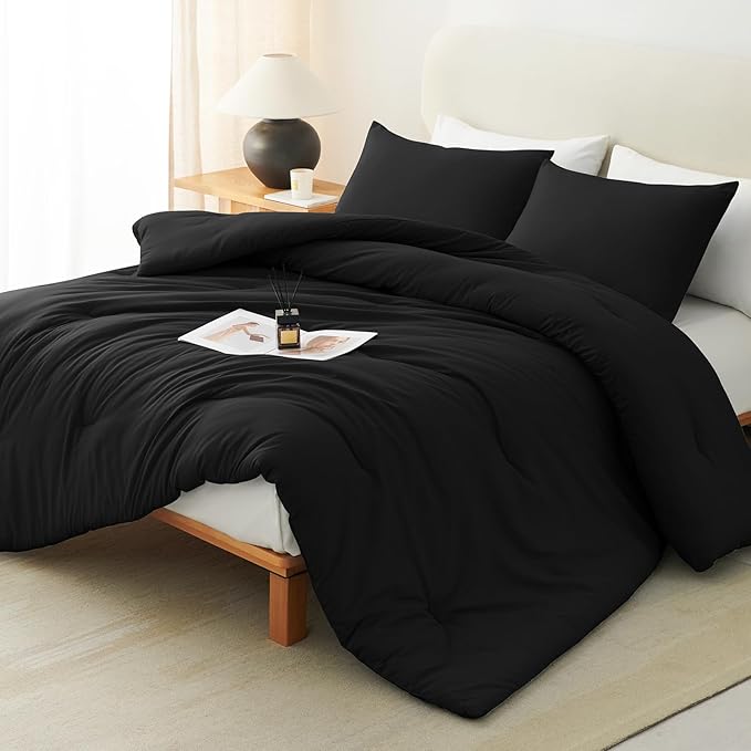 CozyLux Oversized Queen Comforter Set Black, 3 Pieces 98x98 Solid Breathable Quilted Style Bedding Sets All Season, Luxury Soft Down Alternative Comforter Bed Set (1 Comforter & 2 Pillowcases)