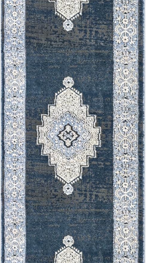 Well Woven Custom Size Runner - Obsidian Midnight Blue Vintage Medallion Rug 27 Inch Wide x 8 Feet Long (27" x 8' Runner) | Heritage-Inspired, Soft, Easy to Clean Rug for Hallway, Stairs, Entry