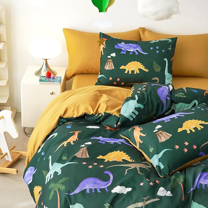 Wake In Cloud - Dinosaur Bedding Set for Boys, Cute Colorful Dinosaur Soft Lightweight Comforter Set with Sheets, 7 Pieces Kids Bed in a Bag, Dark Green, Full Size
