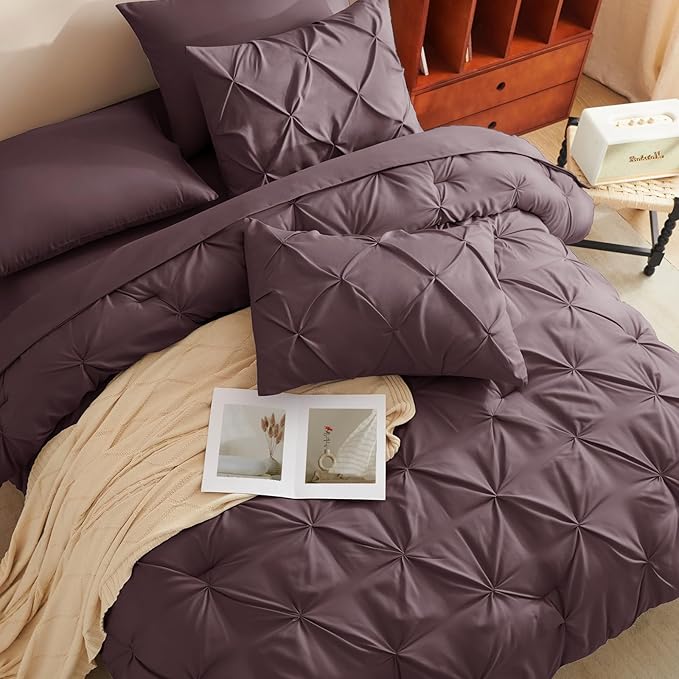CozyLux Queen Comforter Set Cocoa Powder, 7 Pieces Pintuck Bed in A Bag, Premium Cocoa Powder Comforter Queen Size, Pinch Pleat Bedding Sets with Comforter, Sheets, Pillowcases & Shams