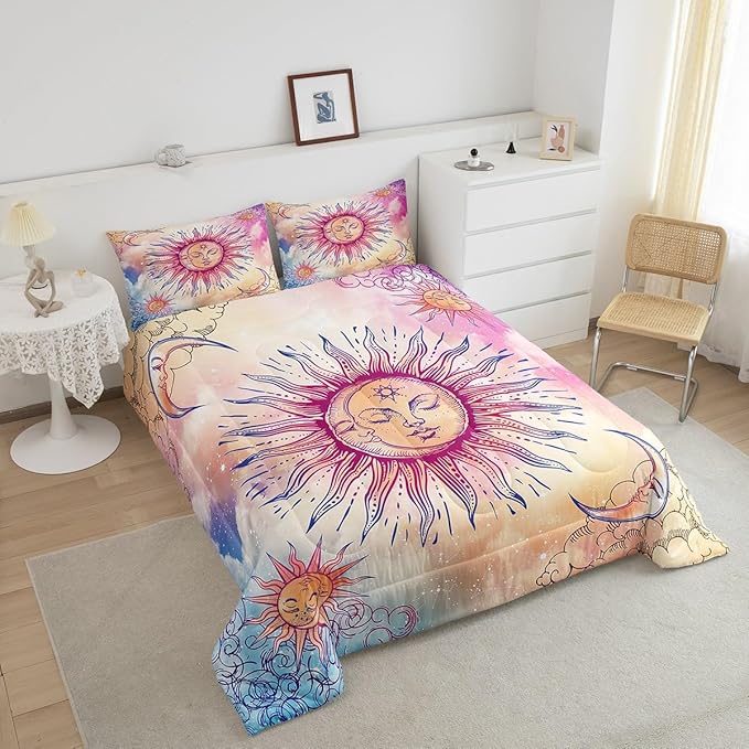 Sun and Moon Comforter Set King Stars Constellation Galaxy Bedding Set,Pink Blue Pastel Clouds Tie Dye Comforter for Kids Girls Women Boho Hippie Psychedelic Celestial Astrology Quilt Duvet Set 3 Pcs