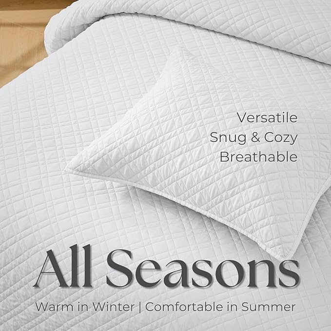 Cali King Quilt Set with Shams Lightweight Quilted Bedspread Coverlet Thin Comforter Bed Cover Vintage Washed Quilted Blanket for All Season, Brushed Microfiber Diamond Stitching, White, 111"x92"