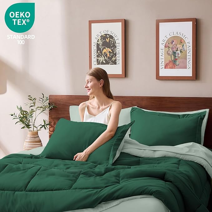 FUANNA Queen Comforter Set 7 Pieces, Reversible Bed in a Bag with All Season Soft Comforter, Bedding Sets Includes Comforter, Flat Sheet, Fitted Sheet, Pillowcases & Shams, Emerald Green & Sage Green