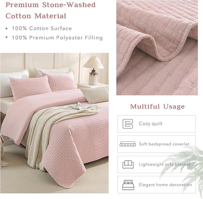 CozyTide Oversized King Bedspread 128"x120",Stone-Washed Cotton Blush Pink Oversized King Quilt Bedding Set,3 Pieces Lightweight Extra Large Farmhouse Boho Bedspread & Coverlet Sets Soft