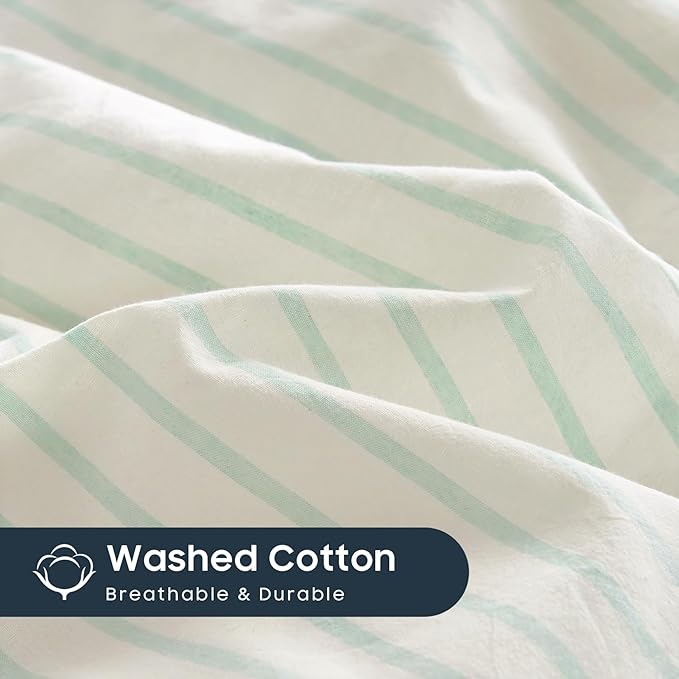 Wake In Cloud - Striped Cotton Duvet Cover Set, Ticking Stripe Vertical Pinstripe Farmhouse, 100% Washed Cotton Textured Percale Bedding Set, 3 Pieces, Aqua White, Queen Size