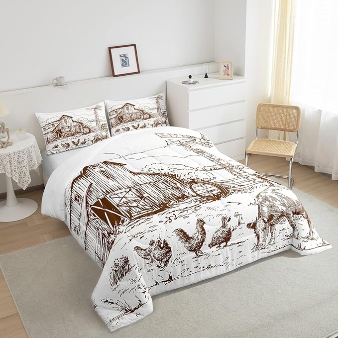 Windmill Comforter Set King, Rustic Barn Farmhouse Bedding, Chick Cow Farm Animals Down Comforter, Hand Drawn Illustration Bedding Comforters, Countryside Rural Meadow Room Decor Duvet Set, Taupe