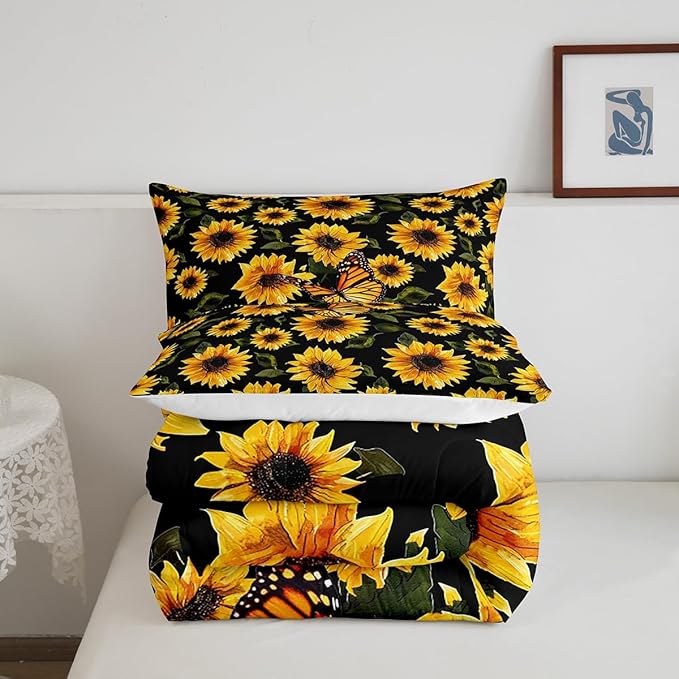 Feelyou Sunflower Bedding Set Girls Yellow Floral Butterfly Comforter Chic Flowers Pattern Comforter Set for Kids Teens Botanical Nature Duvet Set Ultra Soft Room Decor Full Size…