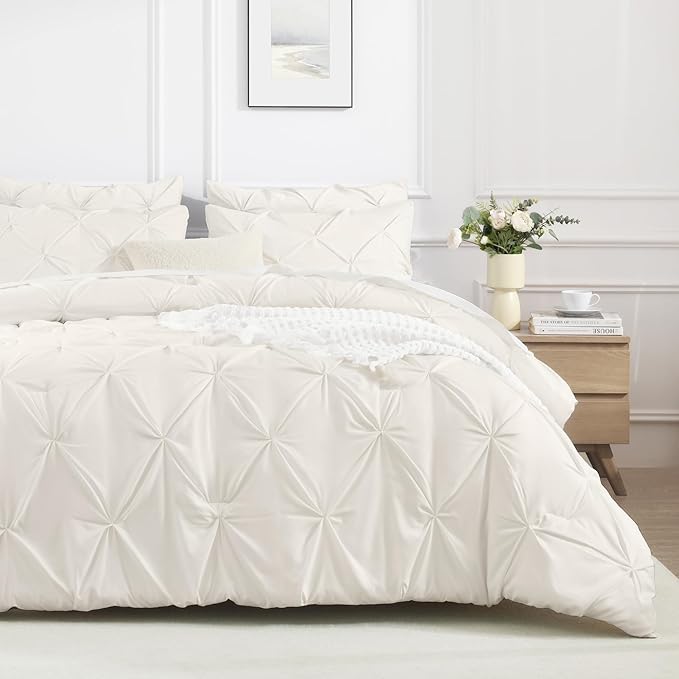 Andency Ivory Pinch Pleat Comforter Full(79x90Inch), 3 Pieces(1 Down Alternative Comforter and 2 Pillowcases) Ivory Bed Set Microfiber Pintuck Bedding Set