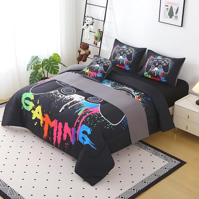 JQinHome Twin Gamer Comforter Sets for Boys,6 Piece Bed in A Bag 3D Video Gamer Bedding -All Season Microfiber Gaming Bedding Set for Kids, with Sheet Sets (Black Gaming)