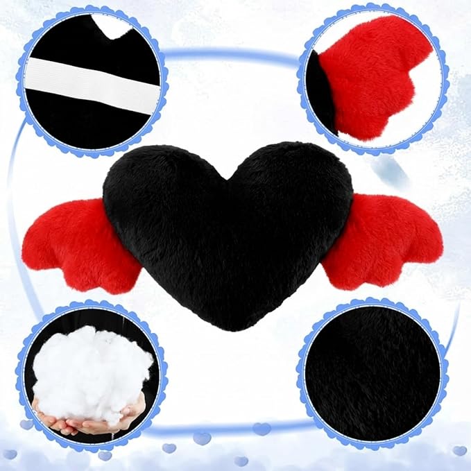 Macarrie 2 Pcs Plush Heart Shaped Pillow with Angel Wings Car Headrest Soft Comfortable Seat Pillow for Driving Travelling Room Office Car Decor, 19.7 x 8.3 Inch(Black, Red)