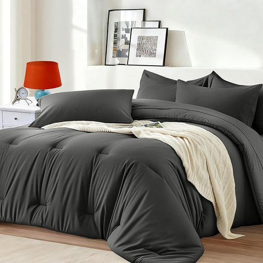 California King Comforter Set 7 Pieces - Ultra-Soft Bed in a Bag, Cozy Luxury All Season Bedding Sets with Comforter, Flat Sheet, Fitted Sheet, 2 Pillow Shams & 2 Pillowcases, Dark Gray