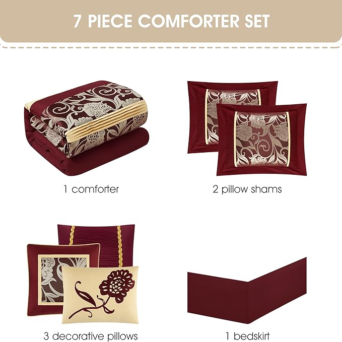 Grand Avenue Black and Red Comforter Set Queen Size, 7 Piece Jacquard Floral Bedding Set, All Season, Ultra-Soft, Matching Pillows & Shams, Bed Skirt