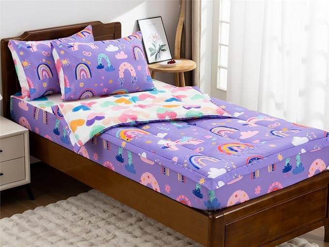 NTBED Rainbow Printed Zipper Bedding Sets Full Lightweight Microfiber Girls Boho Cloud Comforter Sets with Fitted Sheet Pillow Covers,Purple