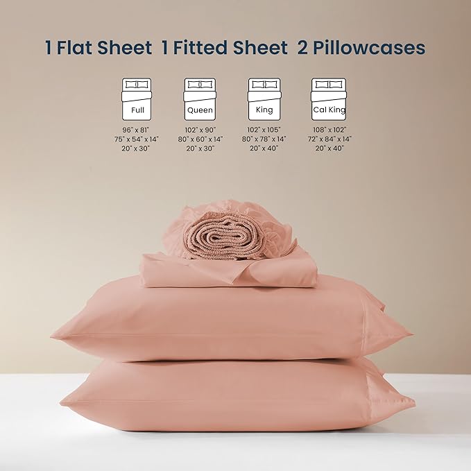 SLEEP ZONE Nanotex Super Soft Cooling Full Size Bed Sheets Set 4 Piece - Easy Care Fitted Flat Sheet & Pillowcase Sets - Wrinkle Free, Fade Resistant, Deep Pocket 16" (Dull Pink, Full)
