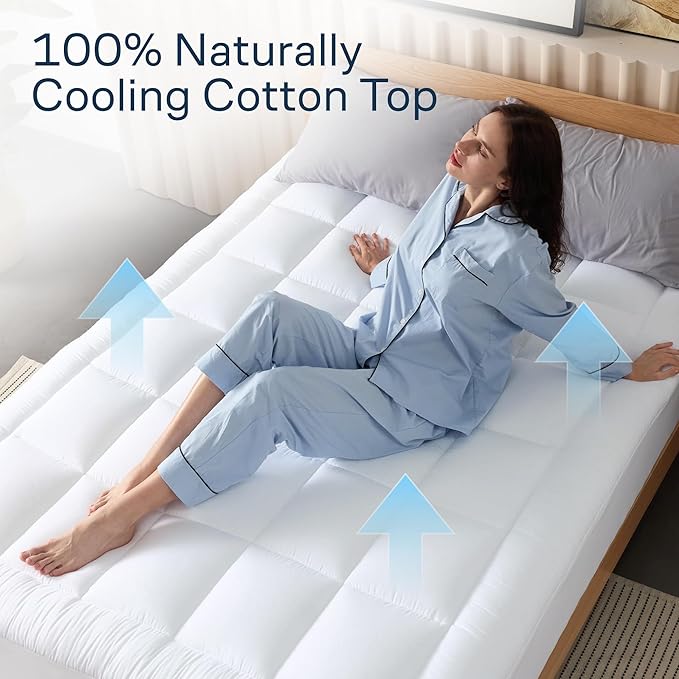 Cloud-Like King Mattress Topper - 100% Cotton Top Mattress Pad for Back Pain Relief - Breathable & Naturally Cooling for Hot Sleepers, White