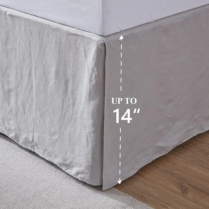 Simple&Opulence Belgian Linen Bed Skirt with Classic 14 inch Tailored Drop Dust Ruffle, Easy Fit Breathable Premium Natural Flax- Basic Grey, Queen