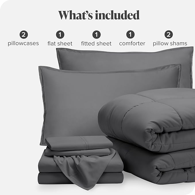 Bare Home Bed-in-A-Bag 7 Piece Comforter & Sheet Set - Full - Goose Down Alternative - Ultra-Soft 1800 Premium - Bedding Set (Full, Grey/Grey)