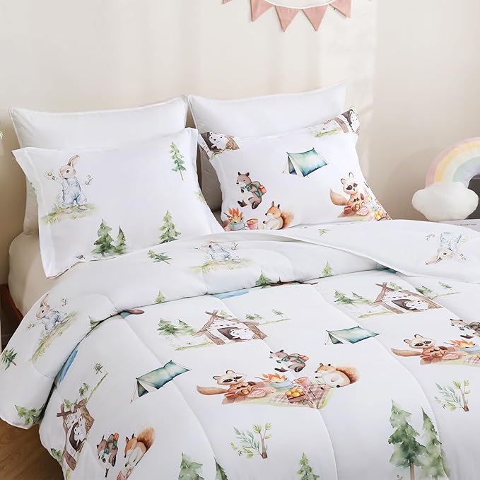Yibeizi Camper Themed Comforter Set Full Size, Kids Woodland Animals Printed Bedding Set with Pillow Sham, Cute Lightweight Soft Breathable Machine Washable Quilted Bed Comforter Set 3 Piece