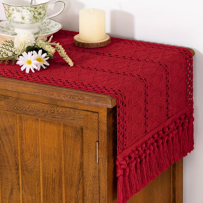 Socomi Boho Table Runner Valentine's Day Farmhouse Rustic Dining Kitchen Centerpiece Decor Small Macrame Woven Cotton Linen Coffee Table Runner for Dresser Scarf Home Decor 12x48 in Red