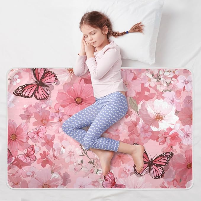 Waterproof Bed Pad Reusable Changing Pad Toddler Mattress Protector Large Pee Pad Baby Diaper Pad Soft Washable Liner Floral Pink Butterflies