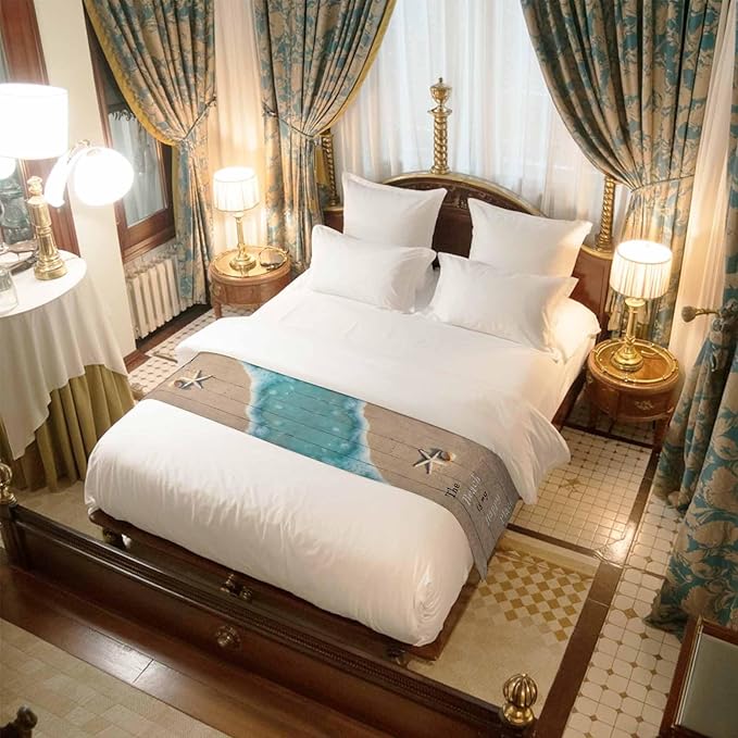 Coastal Ocean Starfish and Shell Sand Bed Runners for Bedroom Hotel,Decorative Bedding Scarf The Beach is My Happy Place Bed End Blanket Bedding Runner Scarves for Twin Size Bed,71x20in