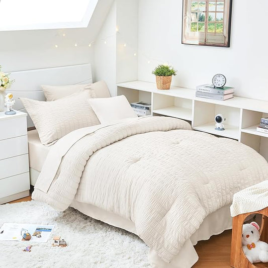 HYMOKEGE Ivory Twin XL Comforter Set Seersucker 5 Pieces, All Season Luxury Bed in a Bag for Bedroom, Bedding Set with Comforter, Sheets, Pillowcase & Sham